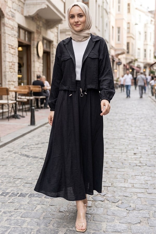 Crop Jacket and Skirt Sport 2 Piece Set Black