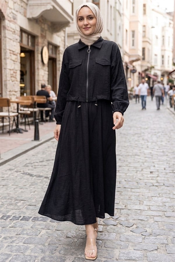Crop Jacket and Skirt Sport 2 Piece Set Black