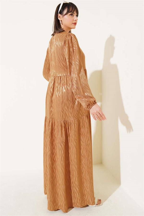 Wave Pattern Jacquard Dress Camel