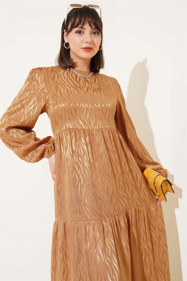 Wave Pattern Jacquard Dress Camel