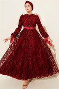 Wave Pattern Tulle Belt Evening Dress Burgundy