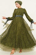Wave Pattern Tulle Belt Evening Dress Khaki