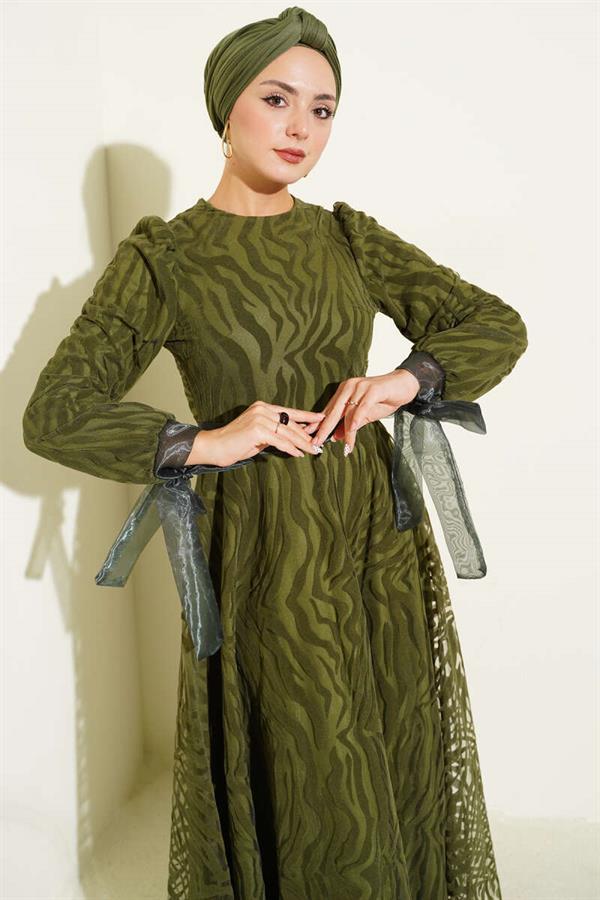 Wave Pattern Tulle Belt Evening Dress Khaki