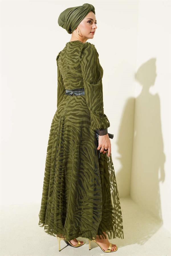 Wave Pattern Tulle Belt Evening Dress Khaki