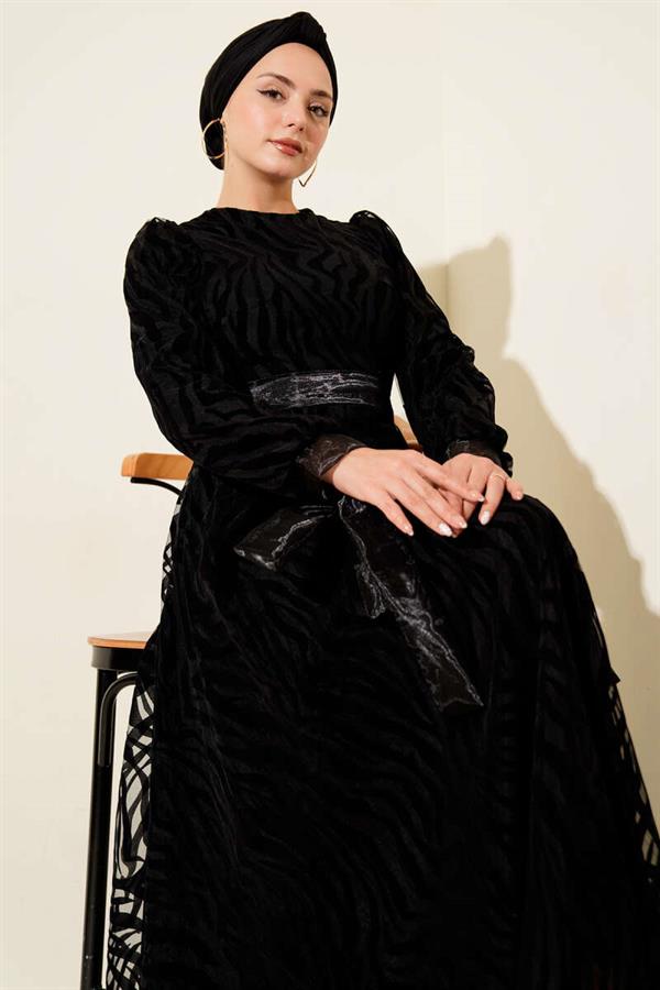 Wave Pattern Tulle Belt Evening Dress Black