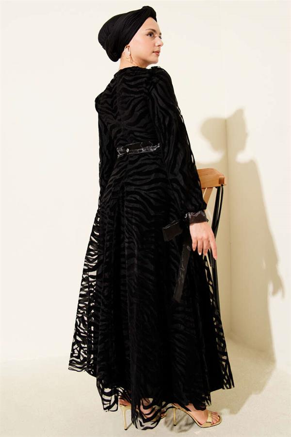 Wave Pattern Tulle Belt Evening Dress Black