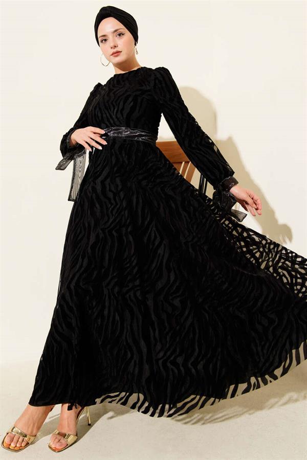 Wave Pattern Tulle Belt Evening Dress Black