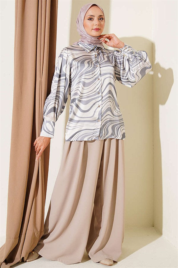 Wave Patterned Satin Shirt Grey