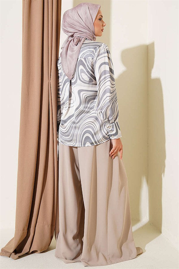 Wave Patterned Satin Shirt Grey