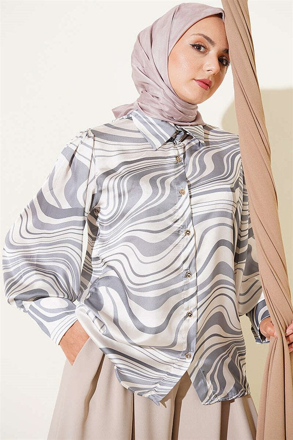 Wave Patterned Satin Shirt Grey