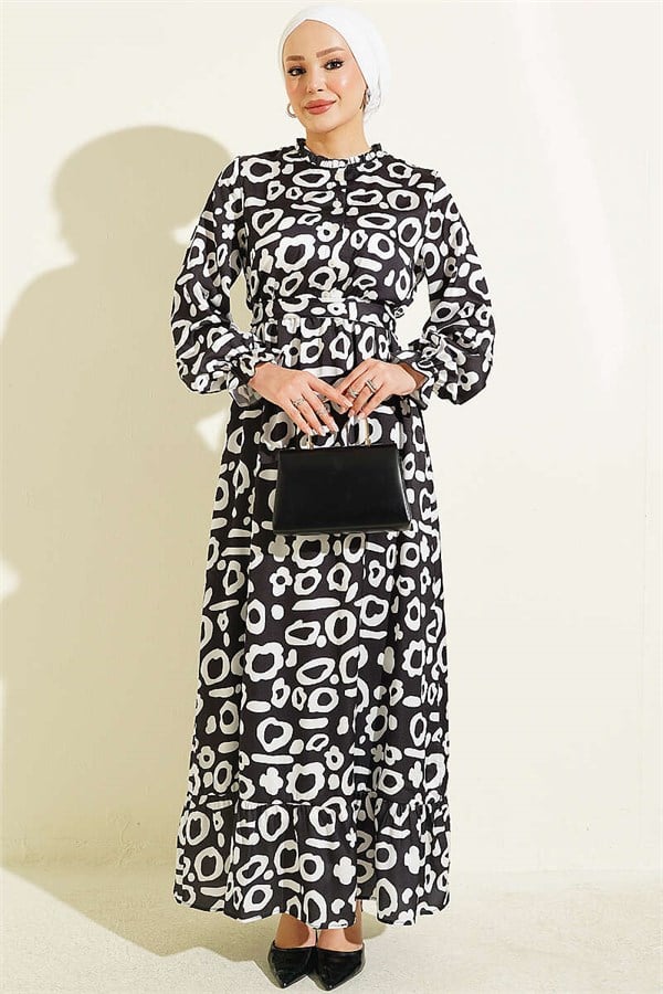 Dalmatian Patterned Satin Dress, Black