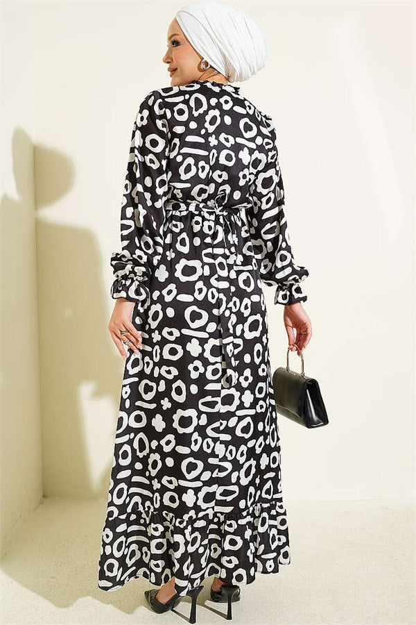 Dalmatian Patterned Satin Dress, Black