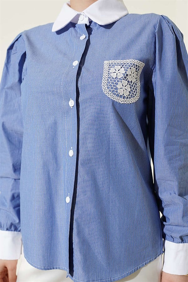 Lace Pocket Patterned Striped Shirt (Navy Blue)