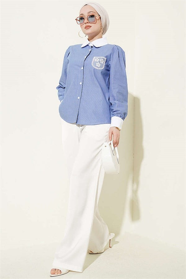 Lace Pocket Patterned Striped Shirt (Navy Blue)