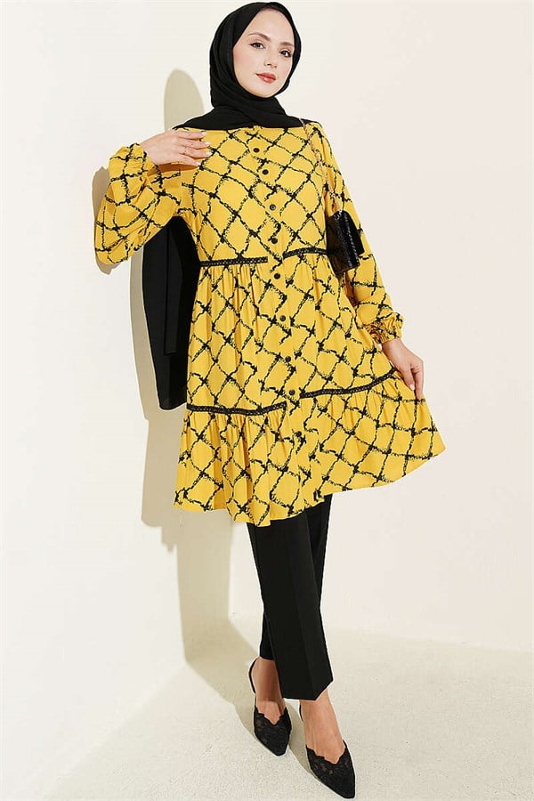 Lace Detail Tunic with Elasticated Ankles, Yellow
