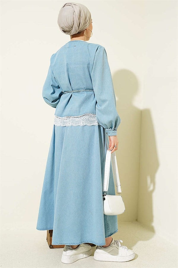 Denim 2 Piece Set with Lace Detail Skirt, Light Blue