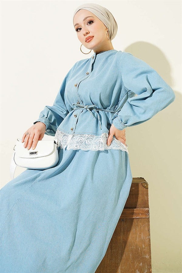 Denim 2 Piece Set with Lace Detail Skirt, Light Blue