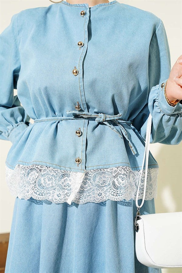 Denim 2 Piece Set with Lace Detail Skirt, Light Blue