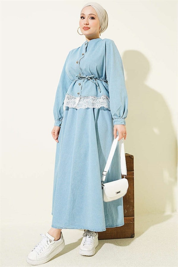Denim 2 Piece Set with Lace Detail Skirt, Light Blue