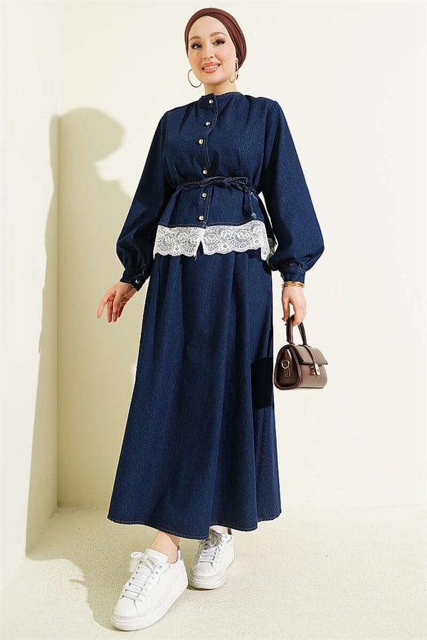 Navy Blue Denim 2 Piece Set with Lace Detail Skirt
