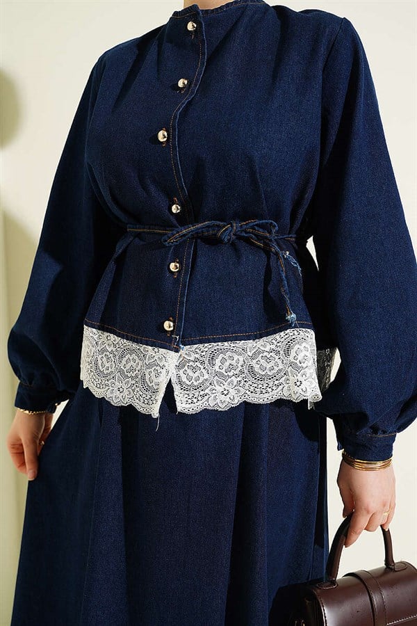 Navy Blue Denim 2 Piece Set with Lace Detail Skirt