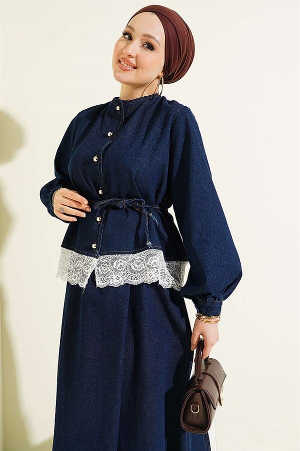 Navy Blue Denim 2 Piece Set with Lace Detail Skirt