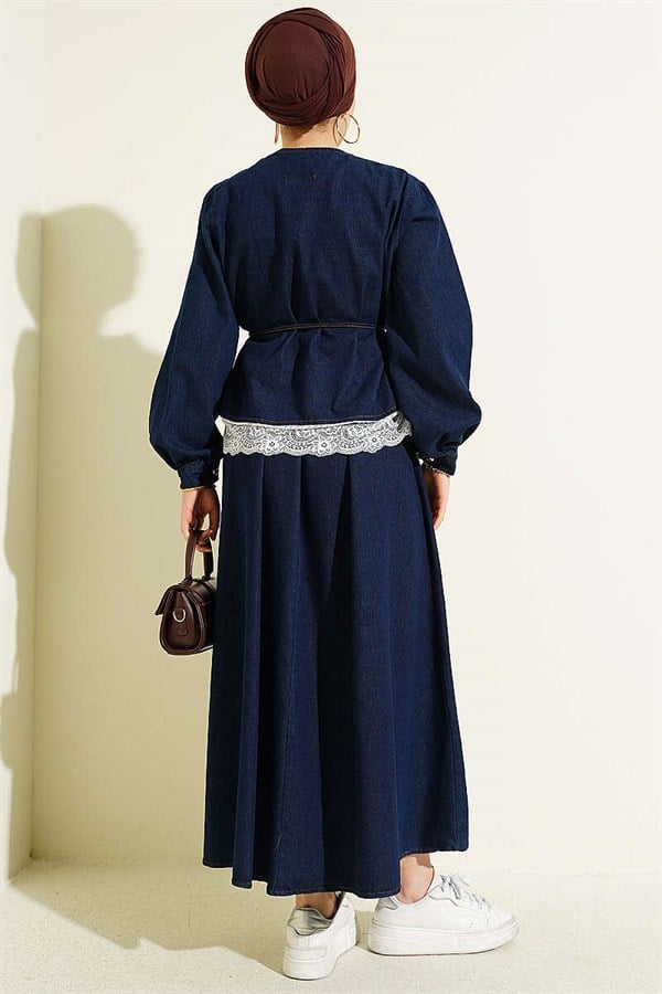 Navy Blue Denim 2 Piece Set with Lace Detail Skirt