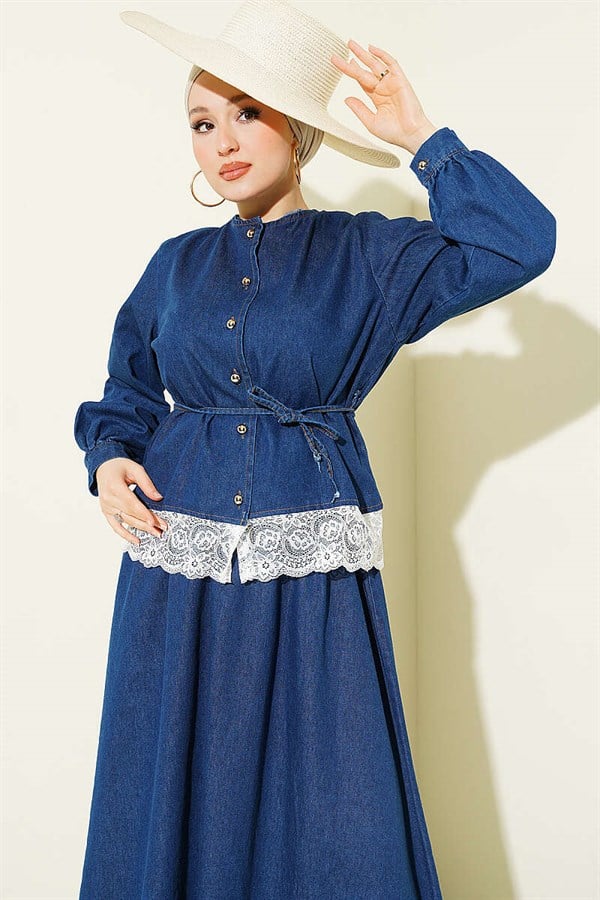 Denim 2 Piece Set with Lace Detail Skirt, Blue