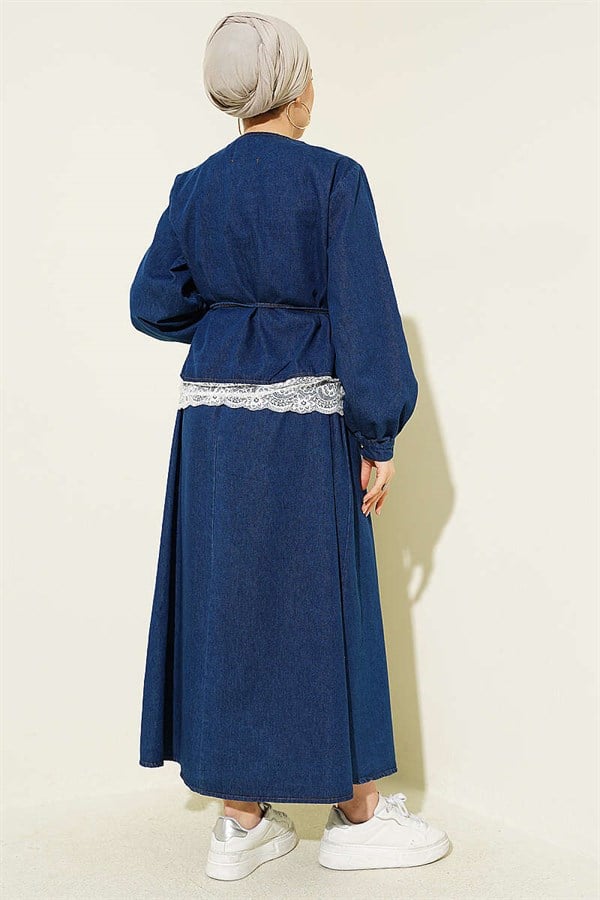 Denim 2 Piece Set with Lace Detail Skirt, Blue