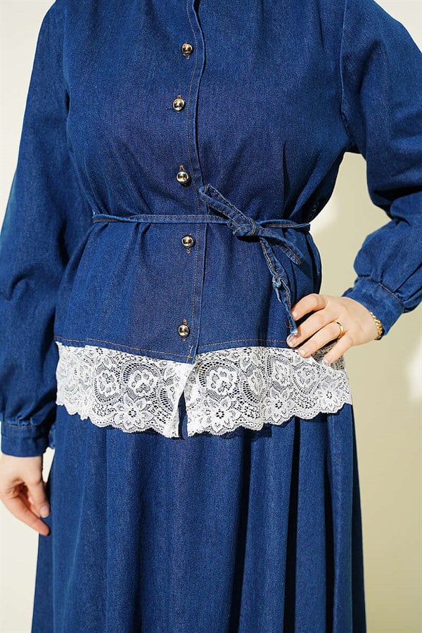Denim 2 Piece Set with Lace Detail Skirt, Blue
