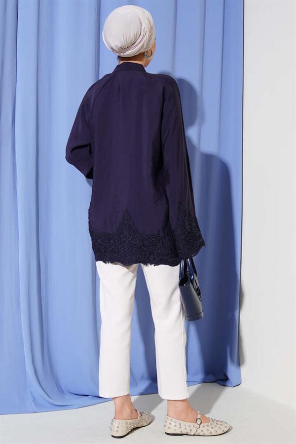 Lace Detailed Hidden Button Shirt Navy Blue