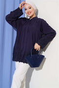 Lace Detailed Hidden Button Shirt Navy Blue