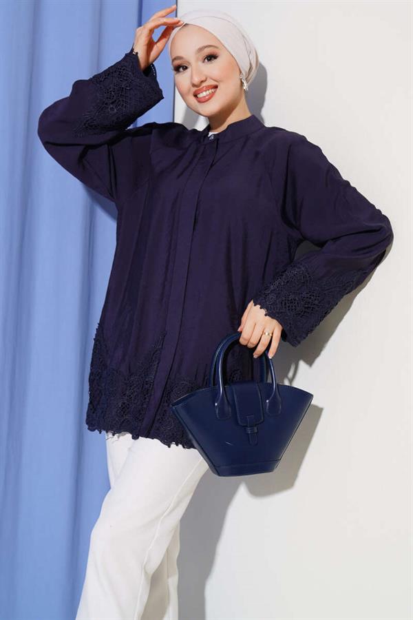 Lace Detailed Hidden Button Shirt Navy Blue
