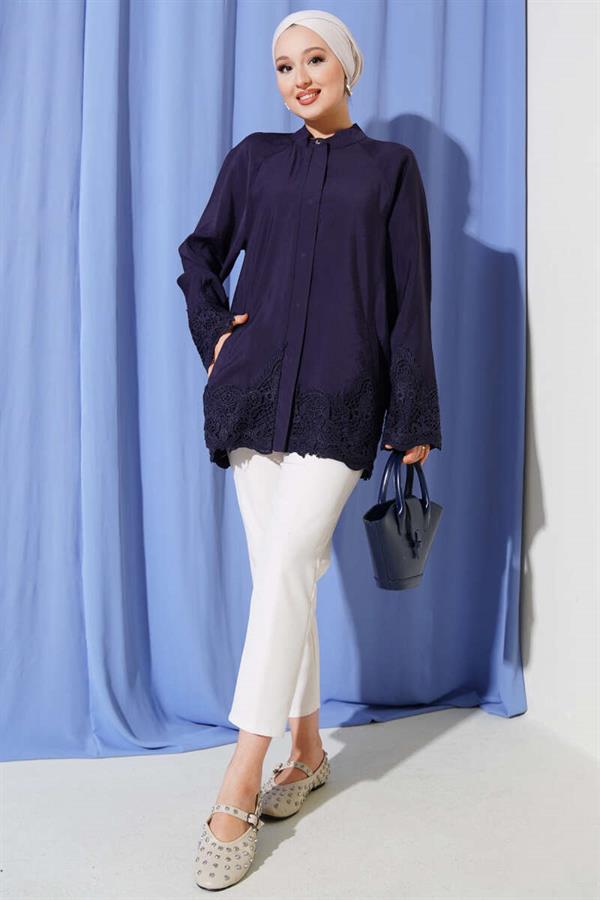 Lace Detailed Hidden Button Shirt Navy Blue