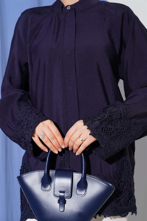 Lace Detailed Hidden Button Shirt Navy Blue