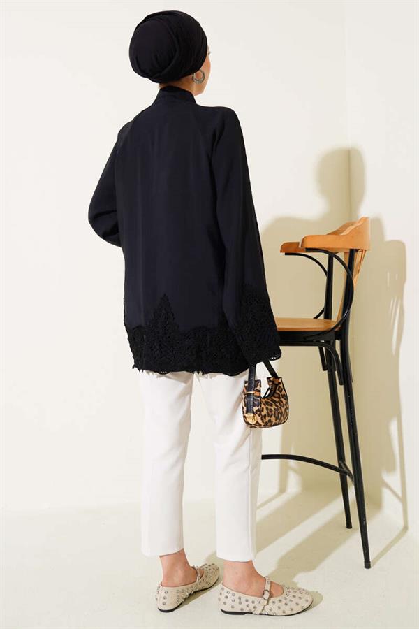 Lace Detailed Hidden Button Shirt Black