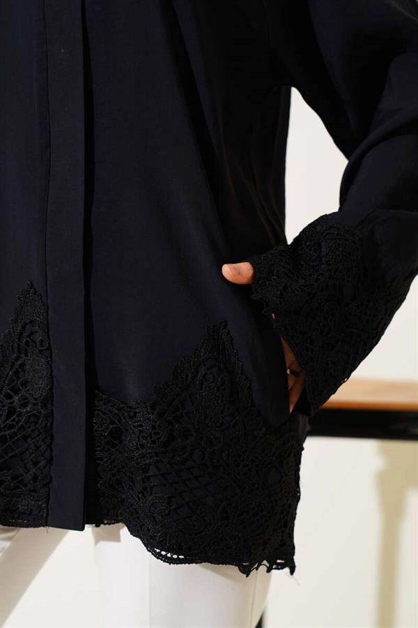 Lace Detailed Hidden Button Shirt Black