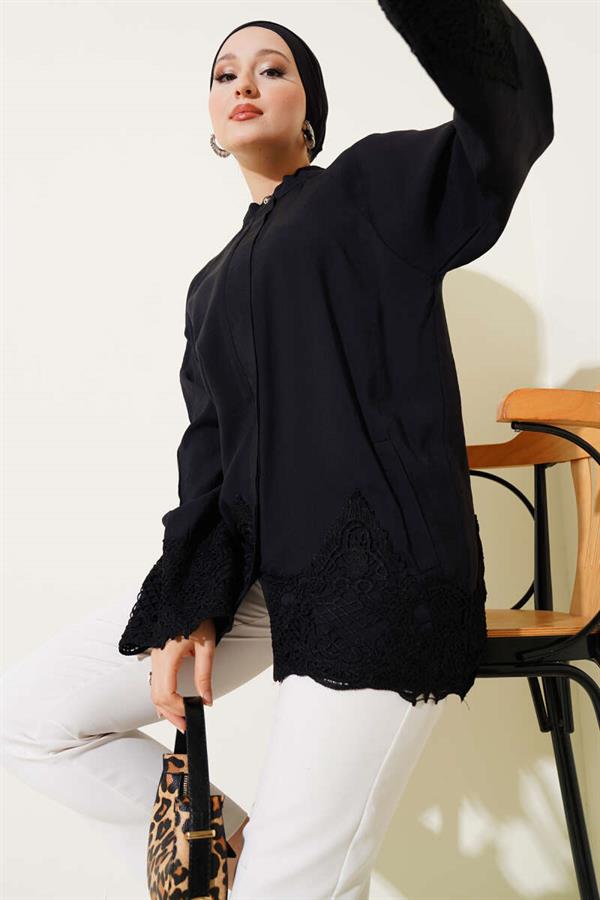 Lace Detailed Hidden Button Shirt Black