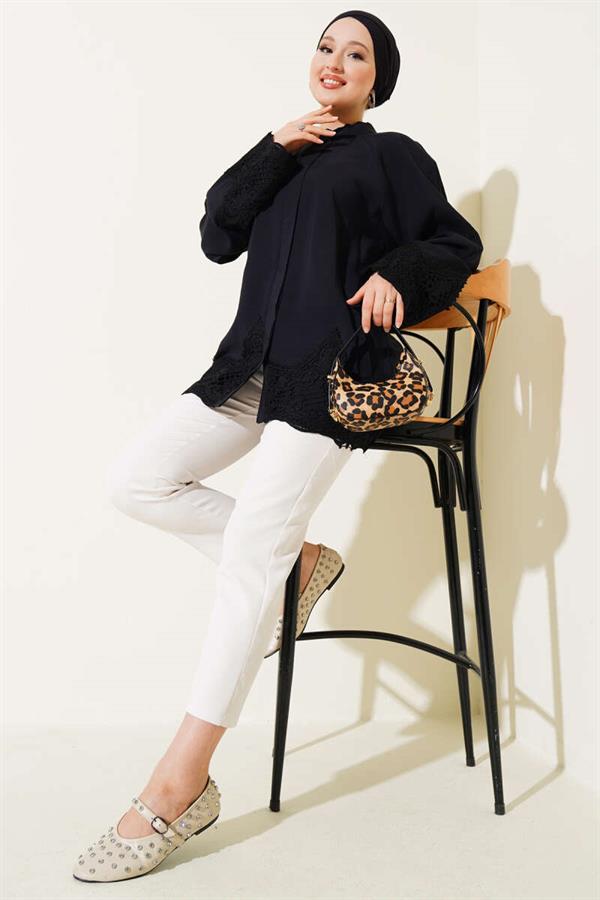 Lace Detailed Hidden Button Shirt Black