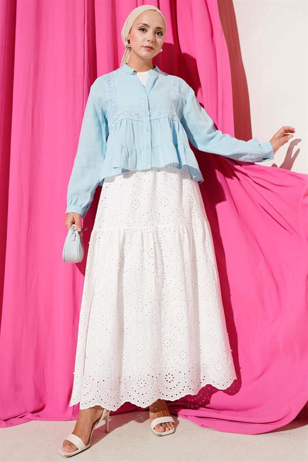 Lace Detailed Short Blouse Blue