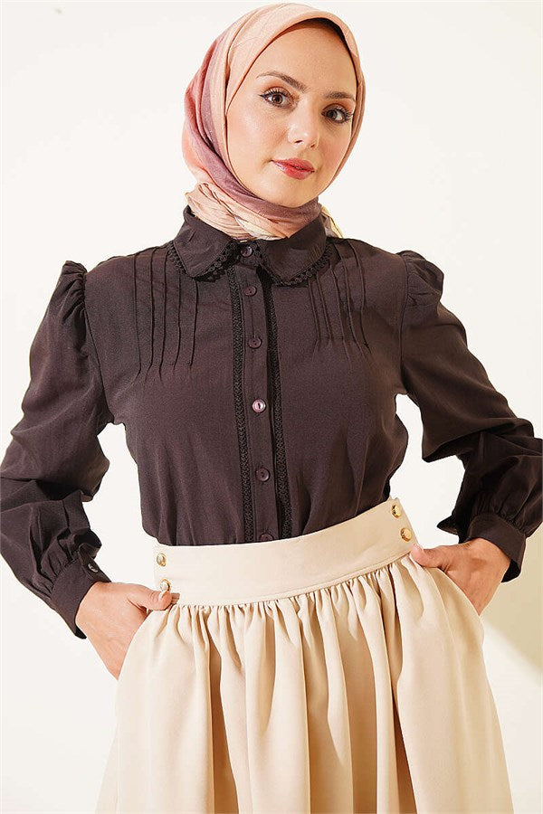 Lace-Detailed Darted Short Shirt, Dark Brown