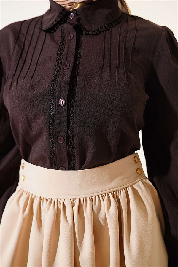 Lace-Detailed Darted Short Shirt, Dark Brown