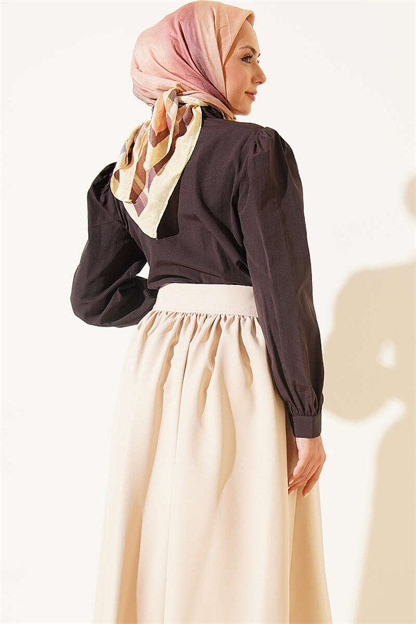 Lace-Detailed Darted Short Shirt, Dark Brown
