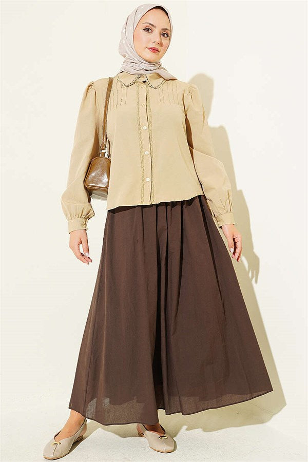 Lace-Detailed Darted Short Shirt, Sage Color