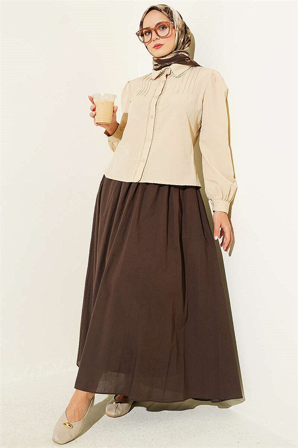 Lace-Detailed Darted Short Shirt, Beige