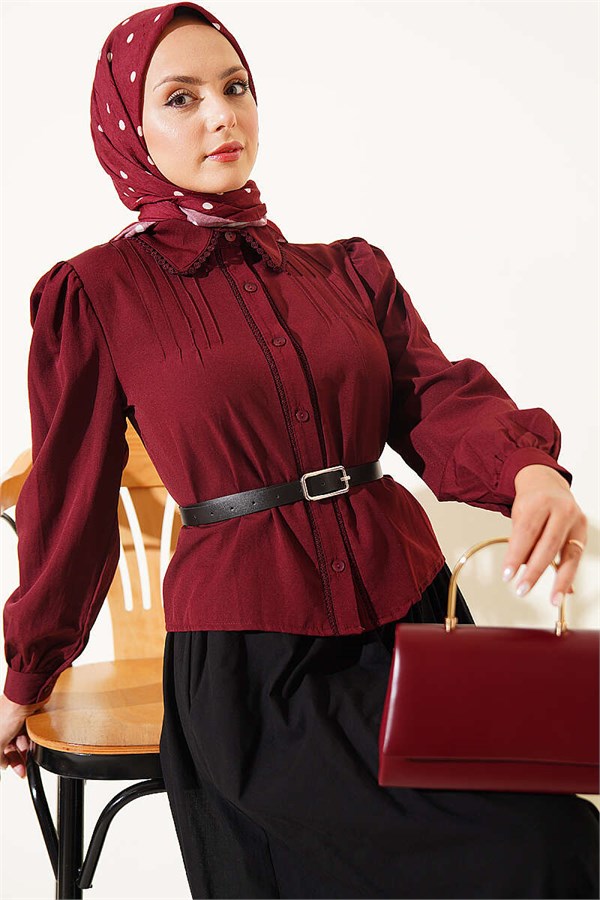 Lace-Detailed Darted Short Shirt, Burgundy