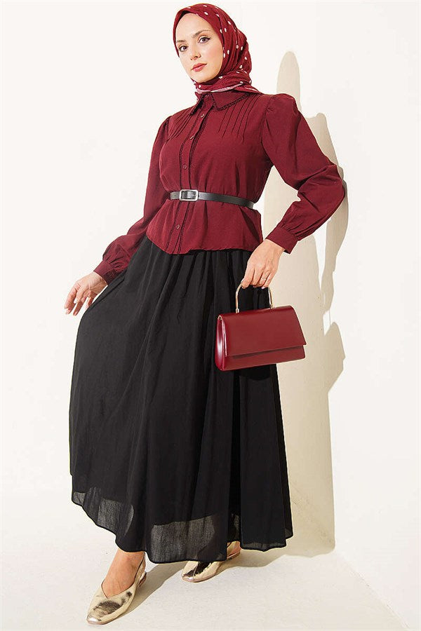 Lace-Detailed Darted Short Shirt, Burgundy
