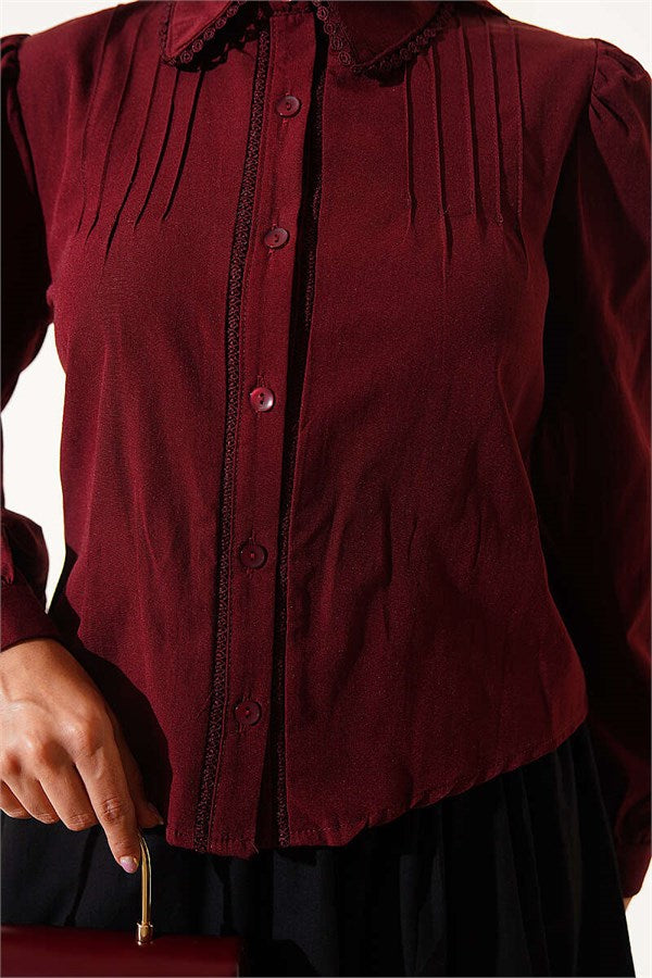 Lace-Detailed Darted Short Shirt, Burgundy