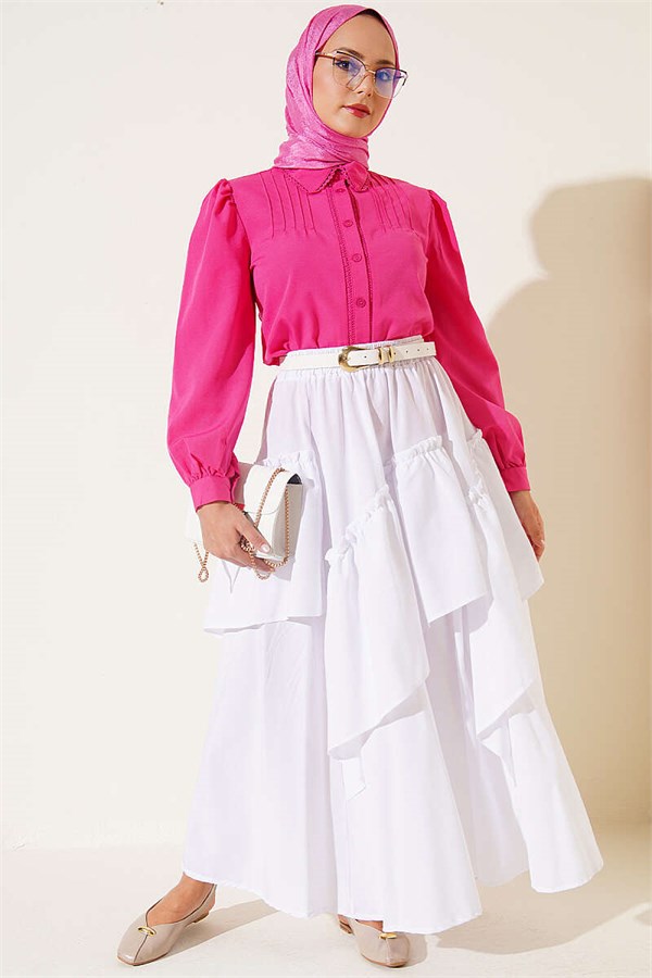 Fuchsia Short Shirt with Lace Details and Darts