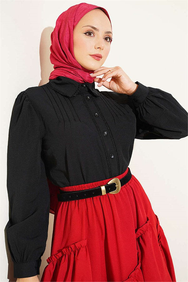 Lace-Detailed Darted Short Shirt, Black